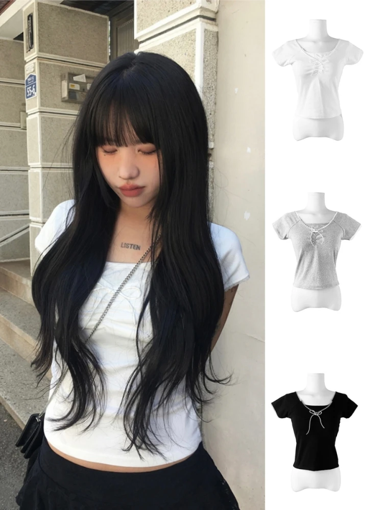 

Корейская футболка Sle Unique SEI Summer Slim Fit ort Sve с кружевной отделкой и узлом, круглый топ Ne, обычная длина