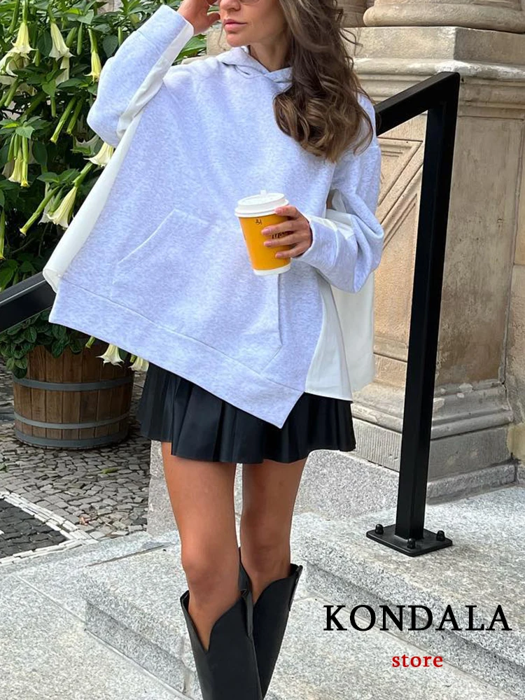 

KONDALA Casual Gray Patchwork Oversized Sweatshirts Women Long Sleeve Side Split Hooded Pullovers Fashion 2023 Autumn Sports Top