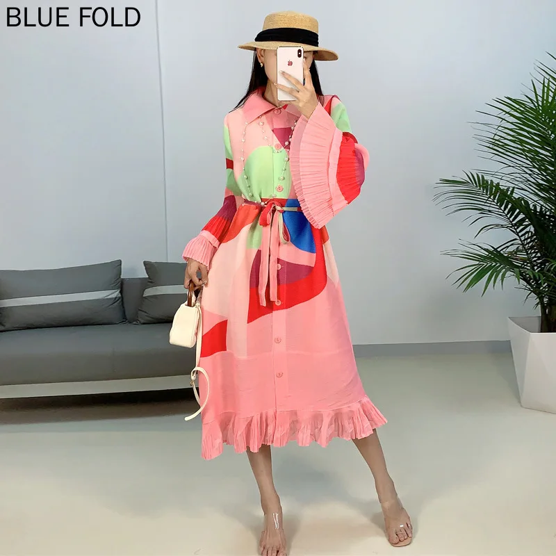 

Miyake Bell Sleeve Pleated Dress for Women, Loose Slimming Dress, Plus Size, Elegant Robe, New Fashion,