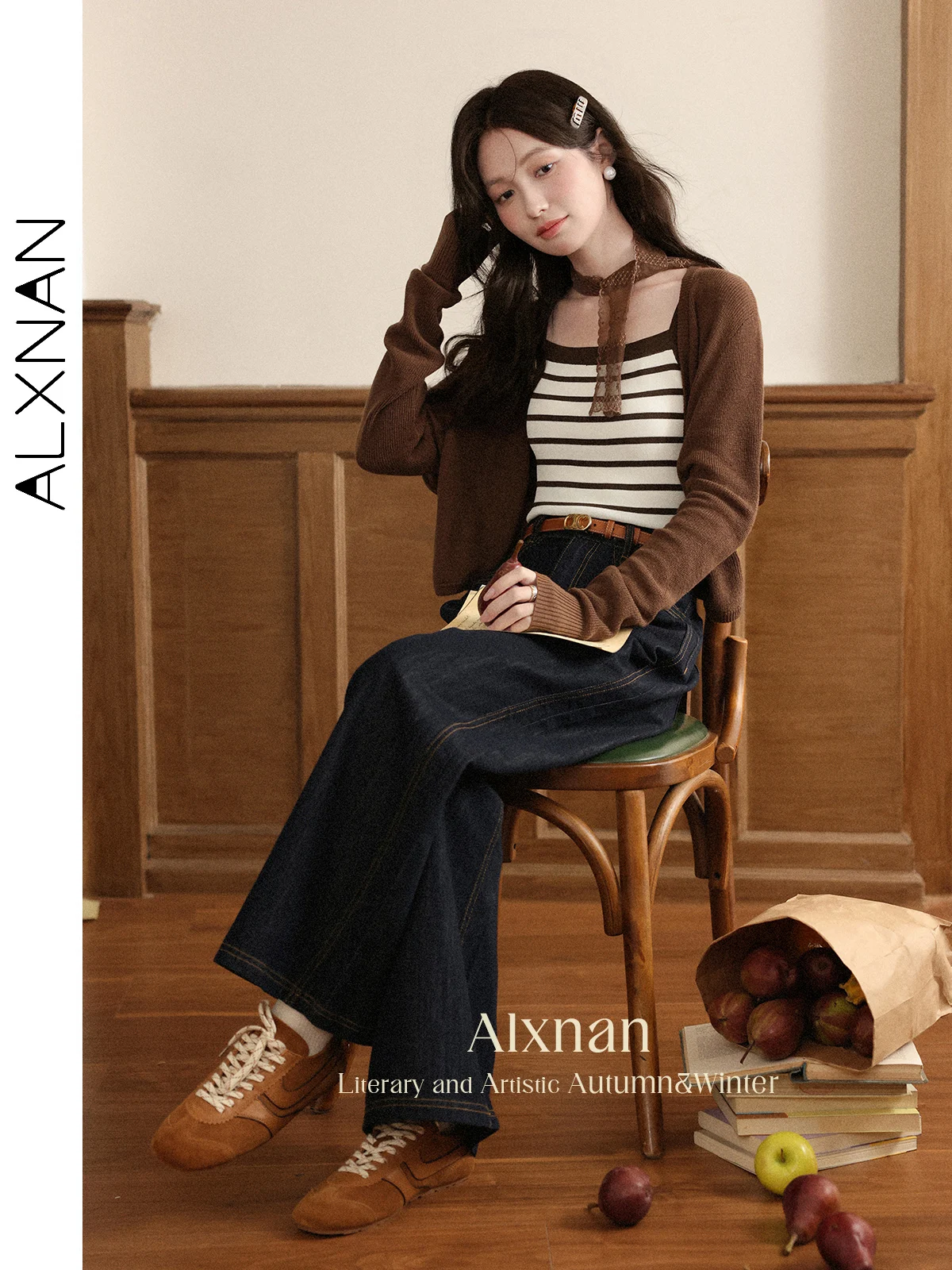 

ALXNAN женские темно-синие джинсы с широкими штанинами, прямые винтажные мешковатые брюки с высокой талией, осенние повседневные элегантные брюки свободного покроя L56792