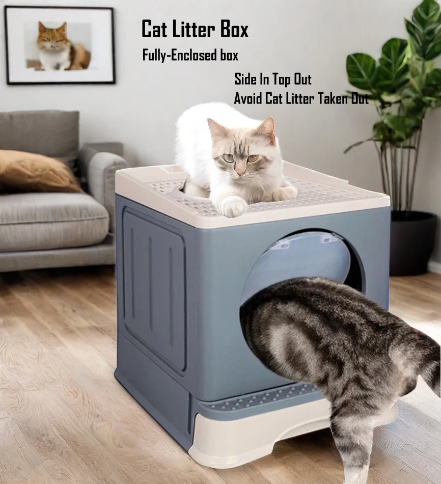 Cat Clean Up Products Large Space Closed Enclosed House With Scoop Round Plastic Cat Toilet Cat Litter Box