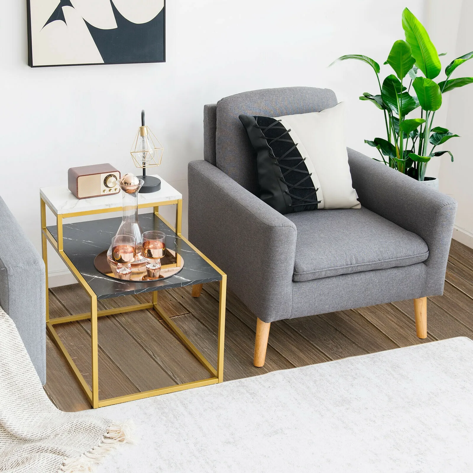 

2 Tier End Side Table Metal Frame Nightstand with Storage Shelf Living Room