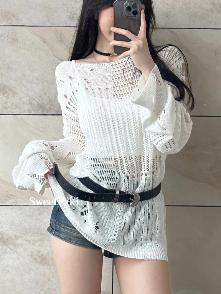 HOUZHOU Y2k Sweater Women Streetwear Hollow Out Loose Knitted Pullovers Balck See Through Long Sleeve Top Gothic Korean Fashion