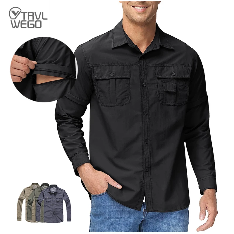 

TRVLWEGO Men Shirt Hiking Camping Quick Dry Breathable Removable Tactical Cargo Outdoor Military Climb Trekking Blouse