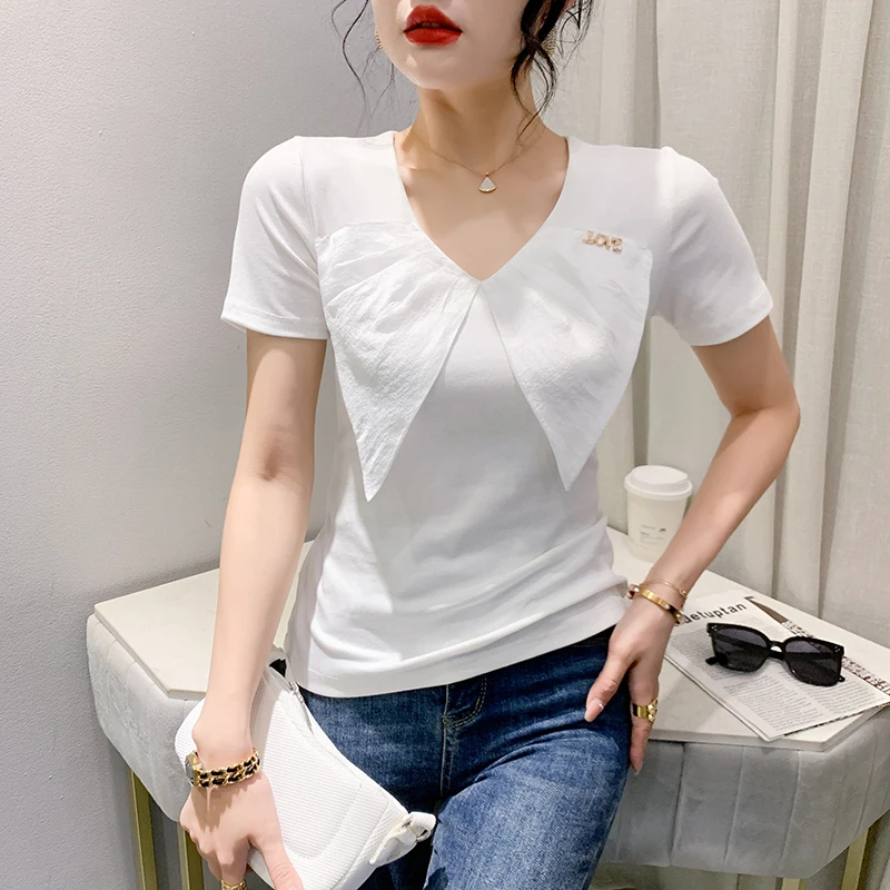 

Summer Women's Fashion V-Neck Splice Knot Slim Fit Short Sleeve T-Shirt Stylish Top Design Sensation Casual Wear