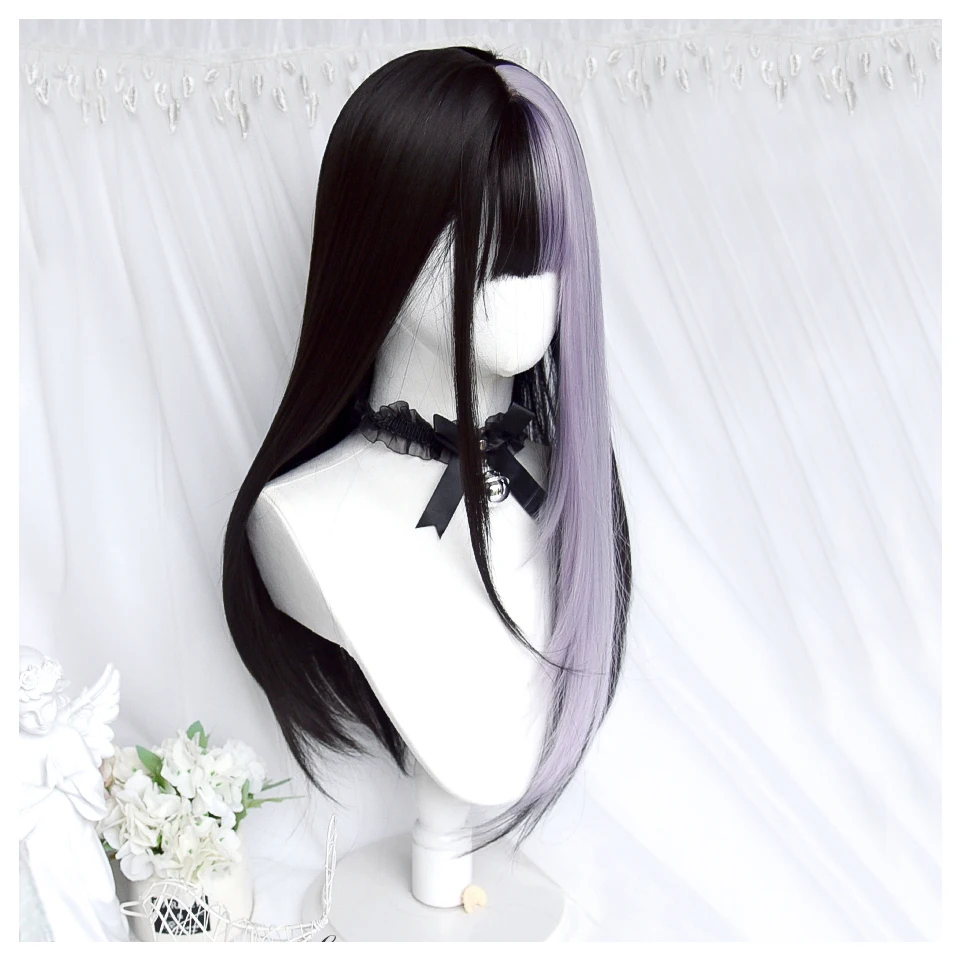 Synthetic Wigs Long Straight Wig with Bangs Two Tone Half Purple Half Black Colorful Party Lolita Hair Wig Heat Resistant