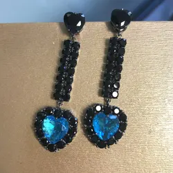 Bilincolor Fashion Long Black Zirconia and Blue Heart Earring for Women