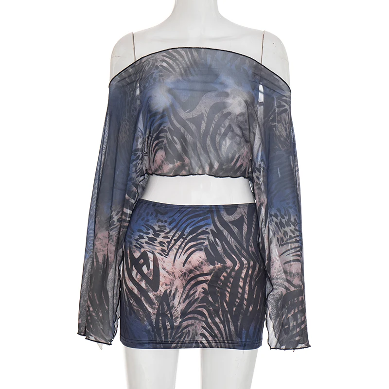 Tiger-Print-Mesh-Off-Shoulder-Oberteil mit langen Ärmeln, eng anliegender Halbrock, zweiteiliges Set – Detail 8