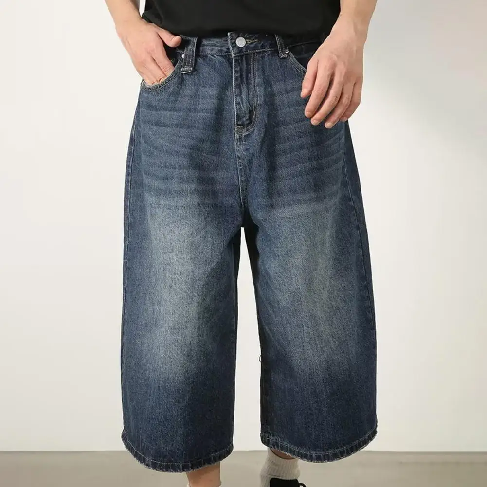 Korean Style Vintage Men's Jeans Summer Loose Male Wide Leg Knee Length Shorts 2023 New Washed Fashion Denim Trouser