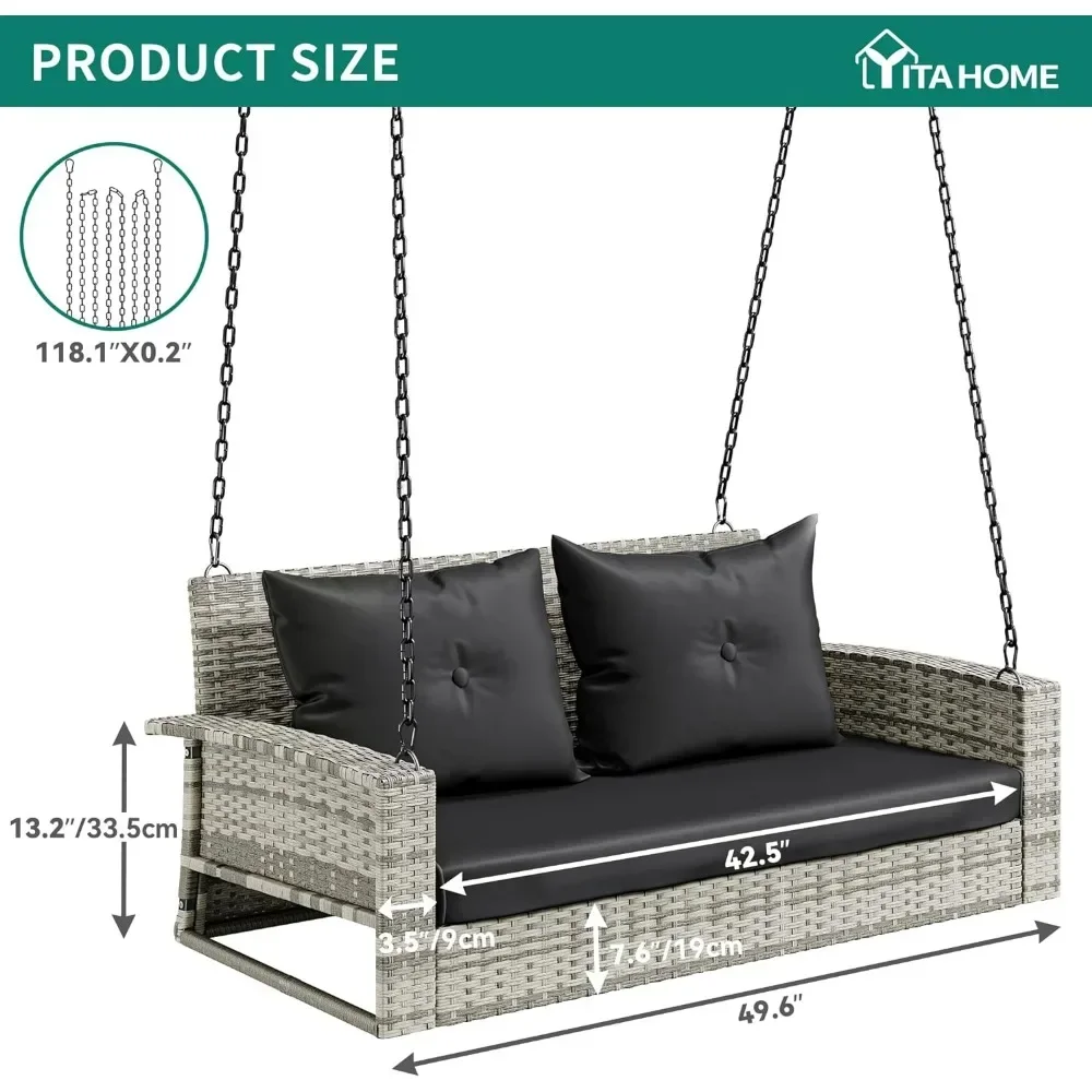 2-Seats Wicker Hanging Porch Swing Chair Outdoor Gray Rattan Patio Swing Lounge W/ 2 Back Cushionsm,Swings