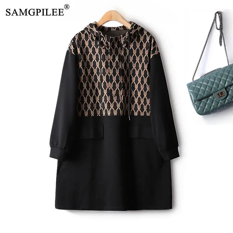 

Casual Autumn Women's Dresses 2022 New Korean Fashion Slim Hooded Dress Printed Straight Color Block Female Clothing 4XL