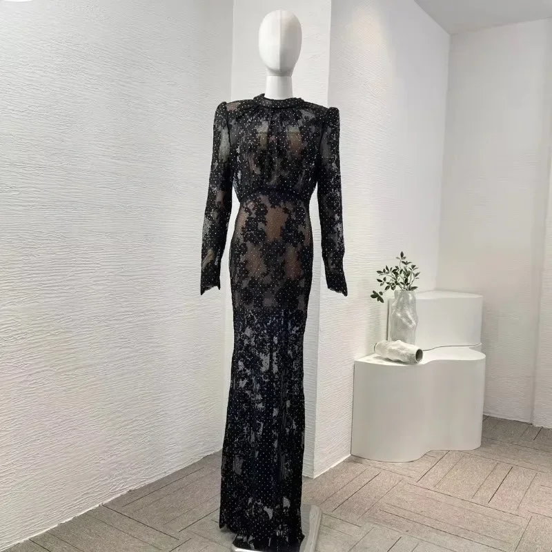 White Long Sleeve Lace Patchwork See Through Maxi Dress Elegant Gowns Women Clothing 2024 New High Quality