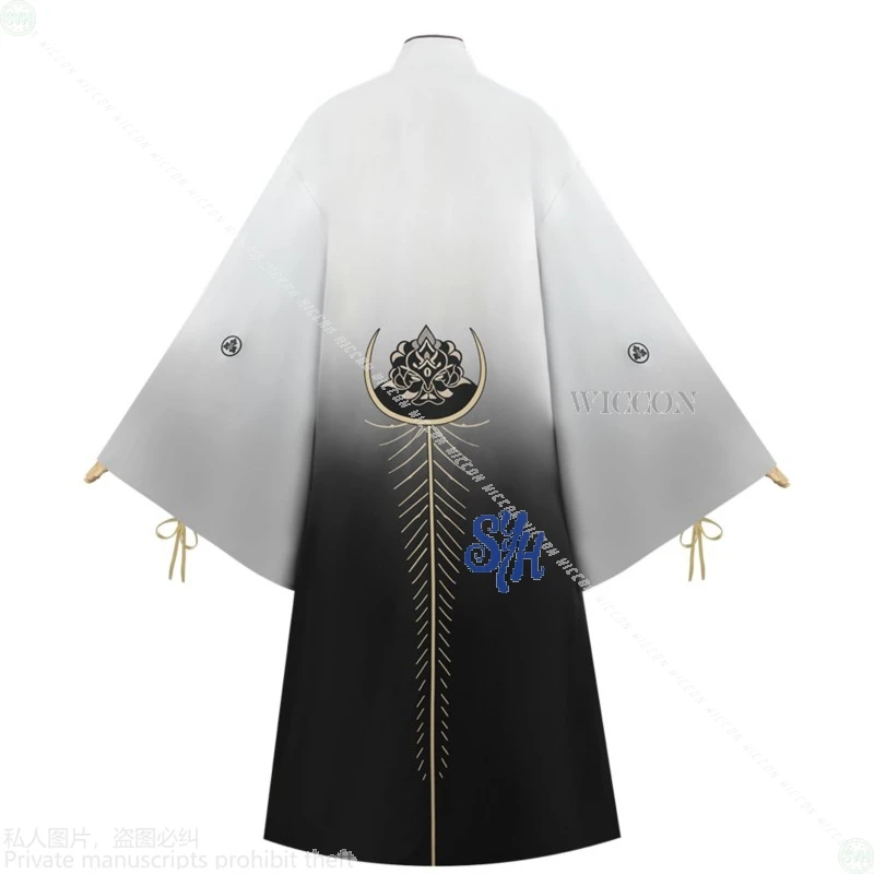 Anime juego de terror F Cosplay Kotoyuki Fox Man Tsuneki disfraz Kimono japonés vestido largo degradado negro máscara 3D pendiente Halloween