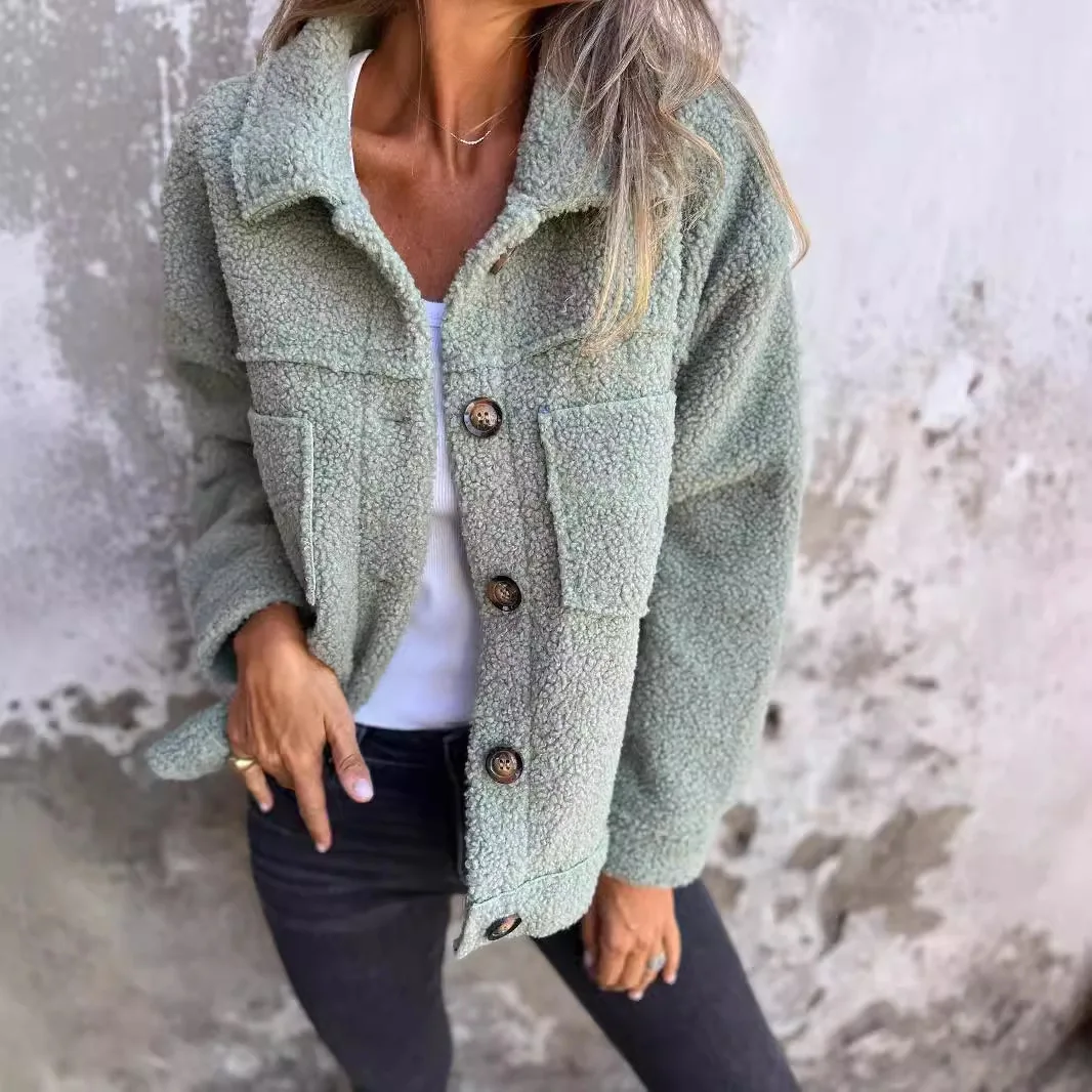 Lamb Wool Coat Women Autumn Winter Outerwear Warm Short Jacket Single Breasted Turn Down Collar Pockets Office Lady Overcoat