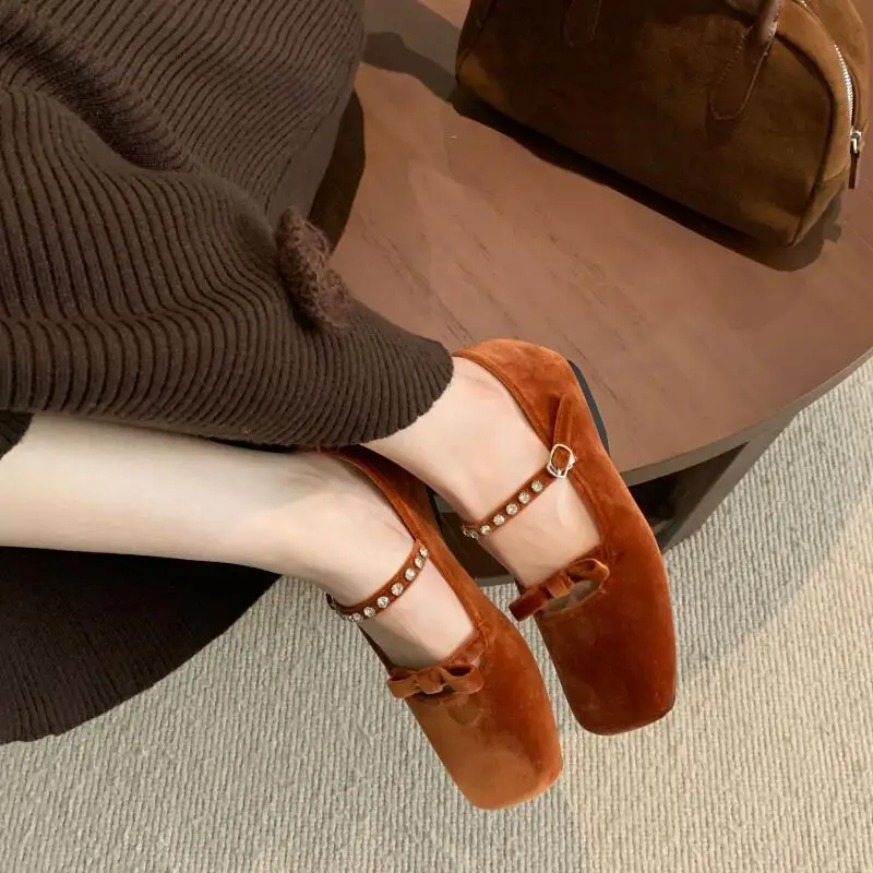 2025 Autumn Crystal Mary Jane Women Low Heel Shoes Fashion Velvet Square Toe Shallow Ladies Shoes Ballerinas Female Moccasins