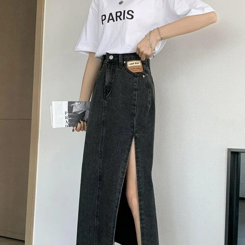 여성 스플릿 데님 드레스 2025 여름 신상 미디 기장 슬림 A라인 드레스 빈티지 심플 캐주얼 롱 스트릿웨어 올매치 스커트