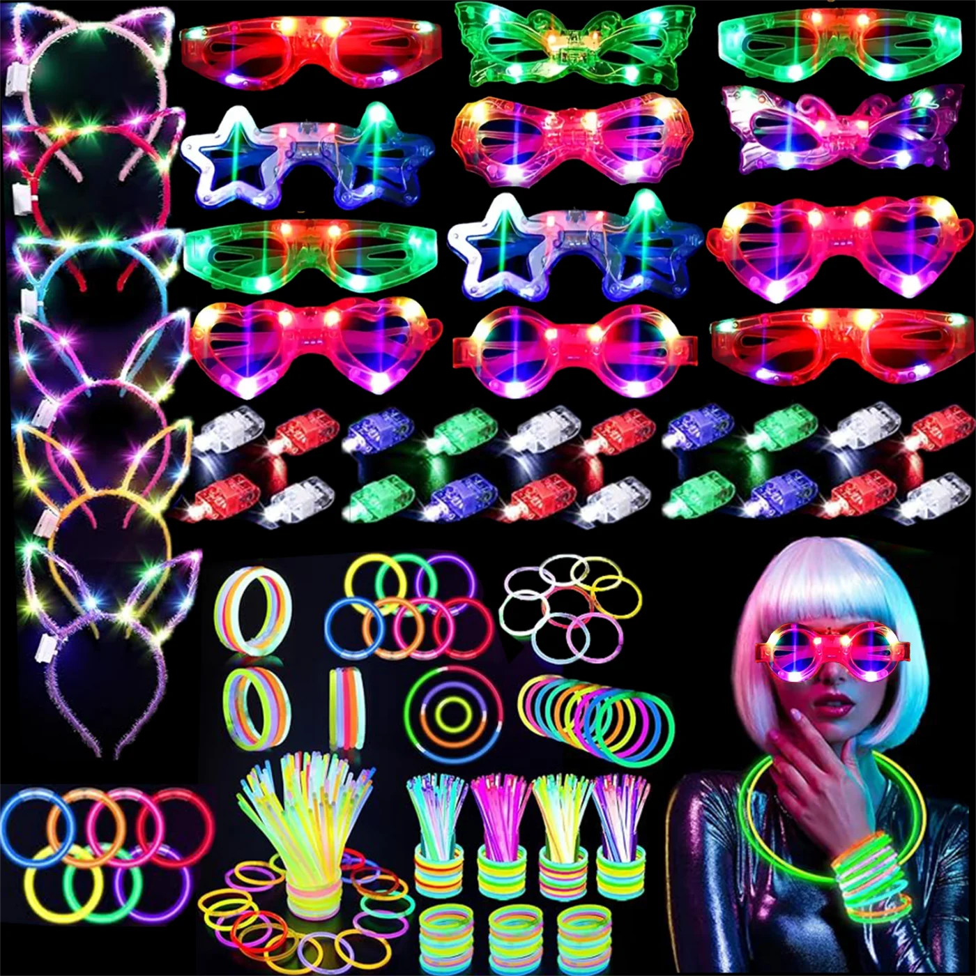138 piezas de suministros para fiestas brillantes, 12 ojos brillantes, 20 luces para los dedos, 6 diademas, 100 barras luminosas, adecuadas para Halloween, Navidad, conciertos, carnavales, bodas, cumpleaños, decoraciones navideñas