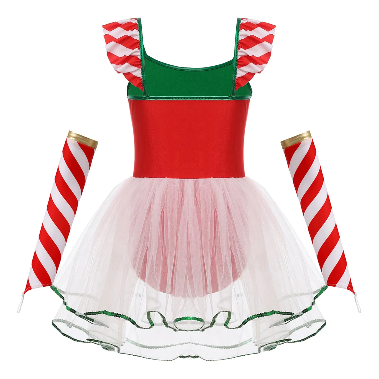أطفال بنات الترتر عيد الميلاد ملابس رقص قصب الحلوى مخطط Bowknot شبكة الباليه توتو فستان + بأكمام طويلة سانتا التزلج ثياب #2