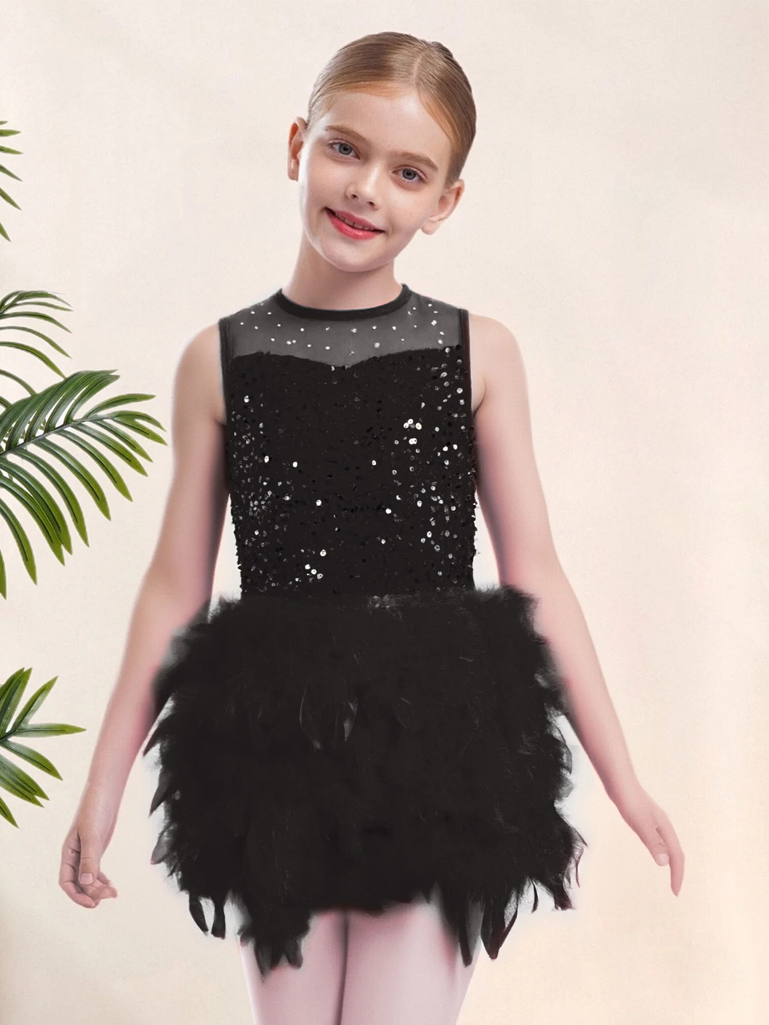 Kids Feather Lyrical Dance Performance Costume Ballet Dress for Girls Shiny Sequins Sleeveless Mesh Tutu Dress Ballerina Outfits