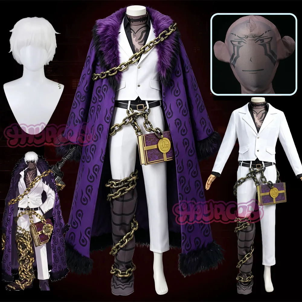 Disfraz de Cosplay de Limbus Company Canto IX Boss Matthias, Bolsa, Peluca, Cuello de Piel Morado, Capa, Traje Blanco, Libro, para Hombres y Mujeres, Fiesta de Halloween