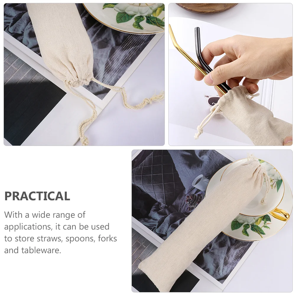 15 Pcs Straw Storage Bag Gift for Kitchen Lovers Reusable Linen Tableware Drawstring Cotton Pouch