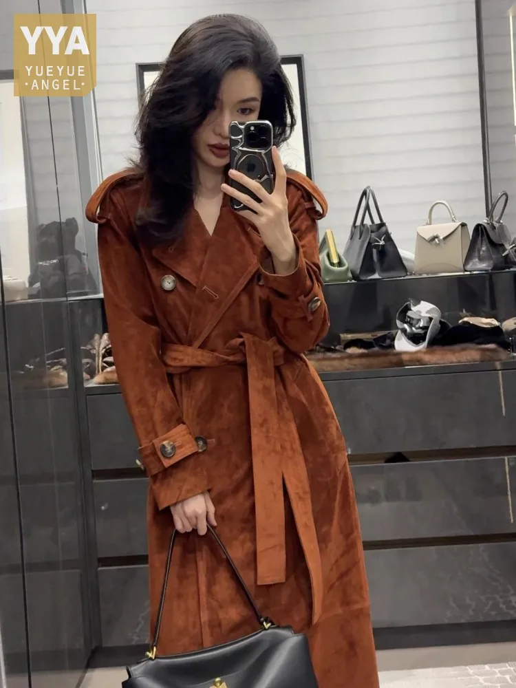 Italian Luxury Women Long Real Cow Suede Leather Jacket Double Breasted Belted OL Work Windbreaker Trench Genuine Leather Coat