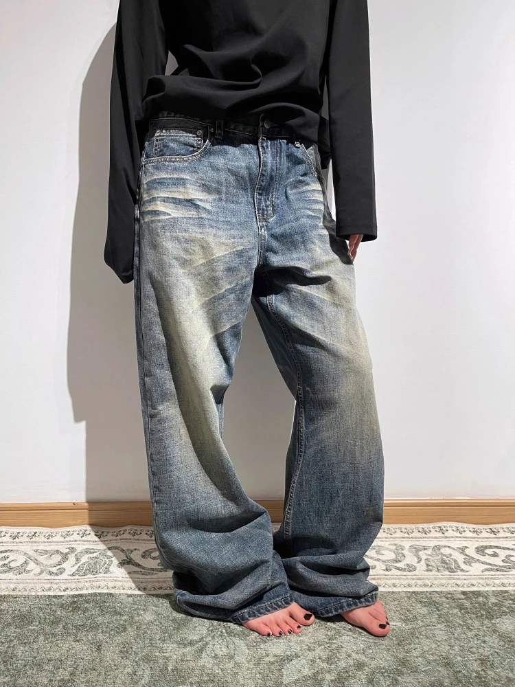 

Deeptown Vintage Distressed Blue Jeans Women Man Baggy American Boyfriend Style Retro Washed Denim Trousers Wide Leg Streetwear
