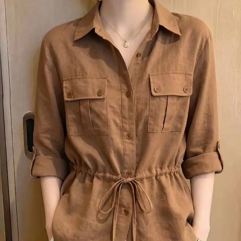 Women Brown Solid Color Casual Shirt with Turn Down Collar Two Chest Pockets and Drawstring Waist Loose Fit Three Quarter Sleeve