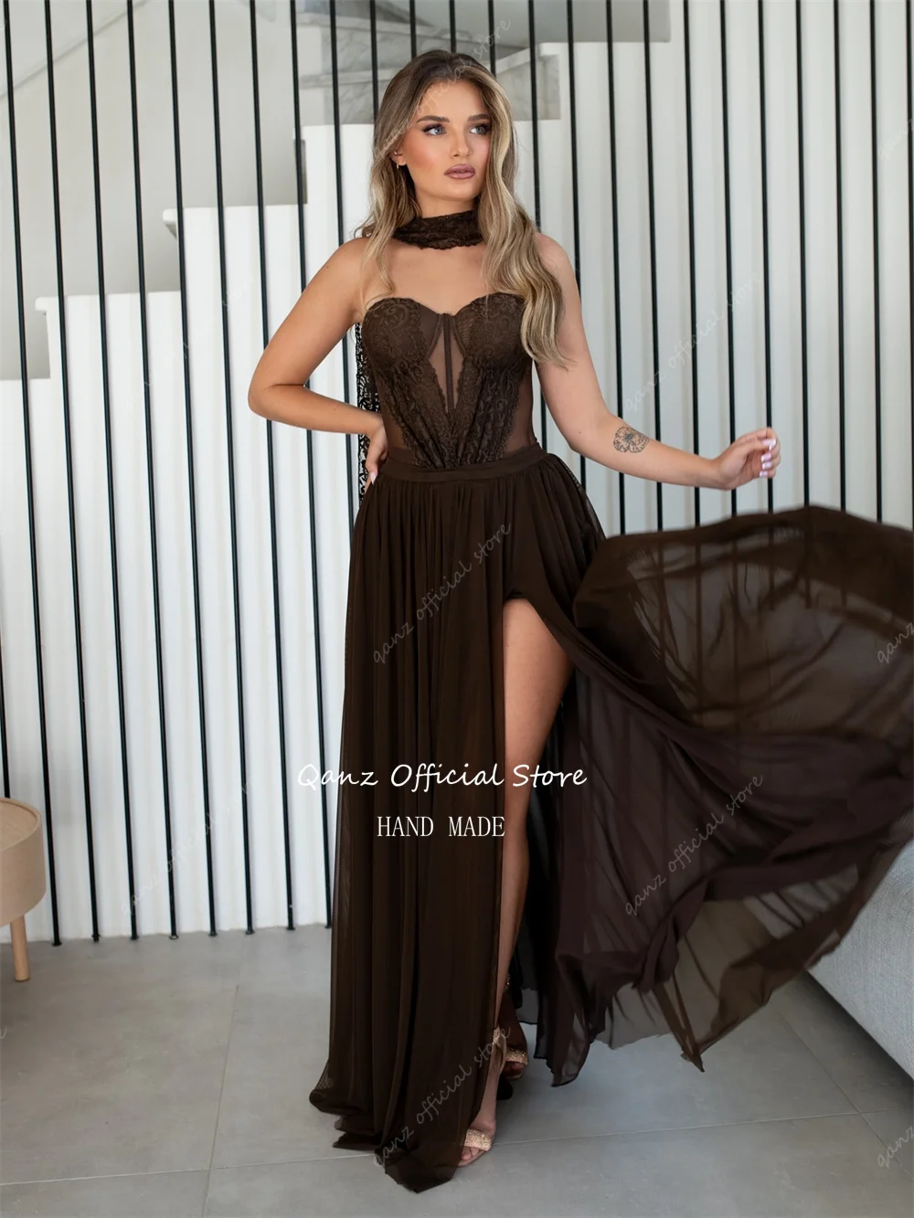 Qazn Bruin Chiffon Avondjurken Sweetheart Hoge Split Vestidos De Boda Para Fiestas Kant Lange Prom Jurken 2025, Aangepast