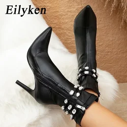 Eilyken Fashion Crystal Diamond Ankle Boots Women Winter Fashion Pointed Toe Thin High Heels Zipper Shoes Booties Mujer