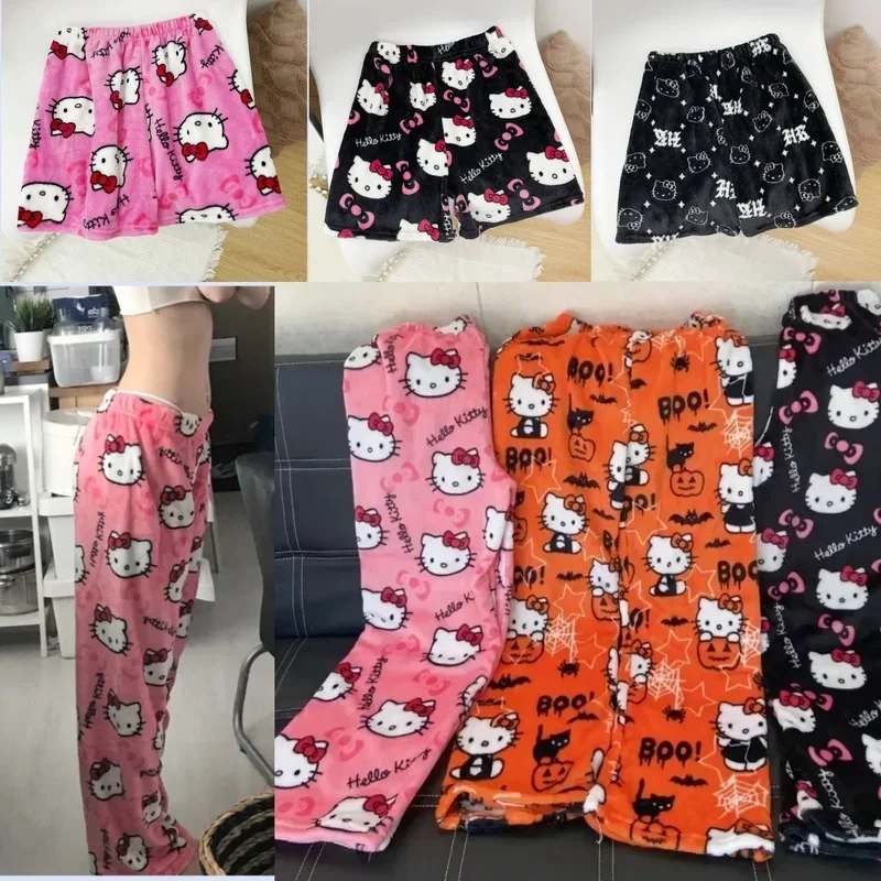 Anime Sanrio Hello Kitty Y2k Kawaii Flannel Pajamas Women'S Warm Woolen Cartoon Casual Home Pants Autumn Winter Fashion Trousers