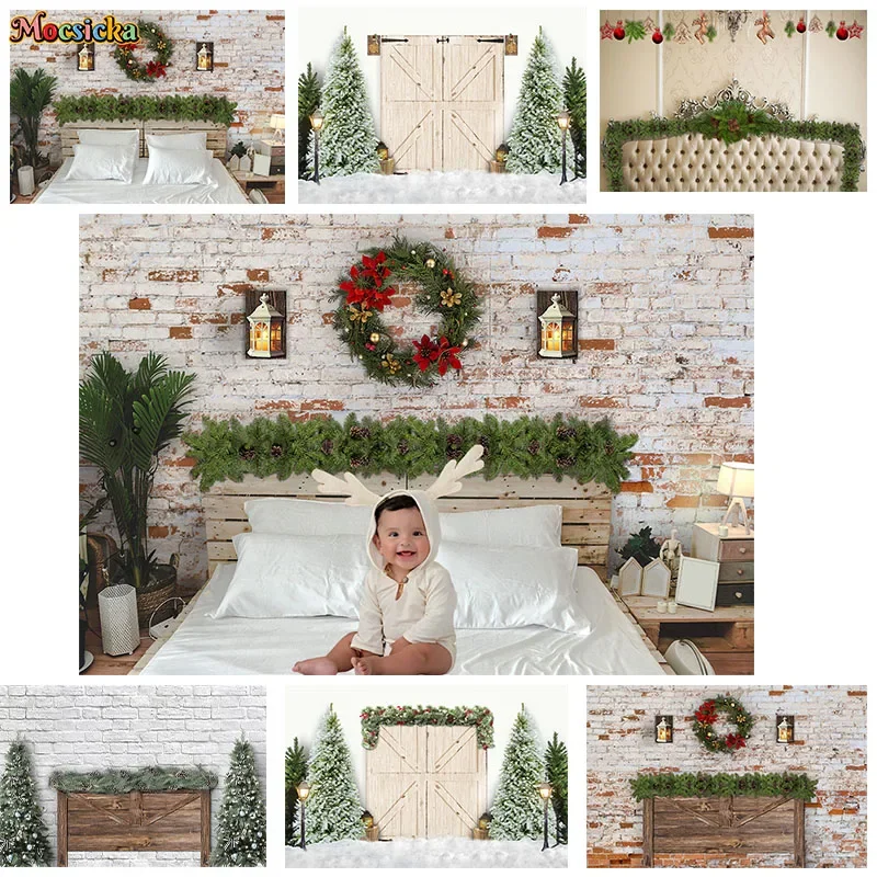 

Mocsicka Photography Backgrounds Bedroom Christmas Wreath Cute Baby Show New Year's Eve Backdrops Kids Photo Banner Studio