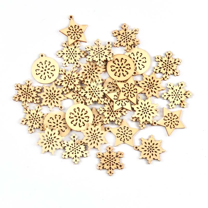 25pcs 34mm Mixed Snowflake/Star Christmas Tree Decorations Wooden Pendant Hanging Oranment Party Xmas Home DIY Crafts Arts C4119