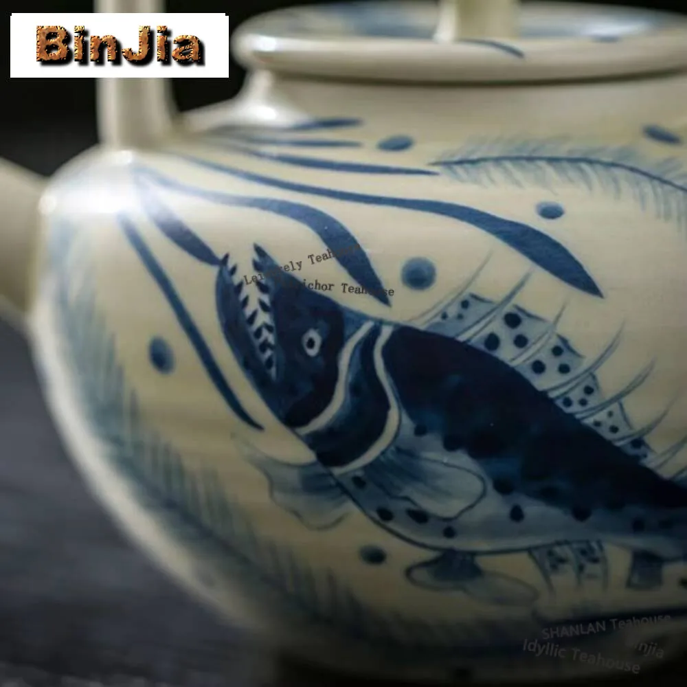 160ml Antique Ru Kiln Loop-handled Teapot Hand-painted Fish Algae Pattern Pot Creative Pot Tea Maker Kettle Tableware Craft Gift