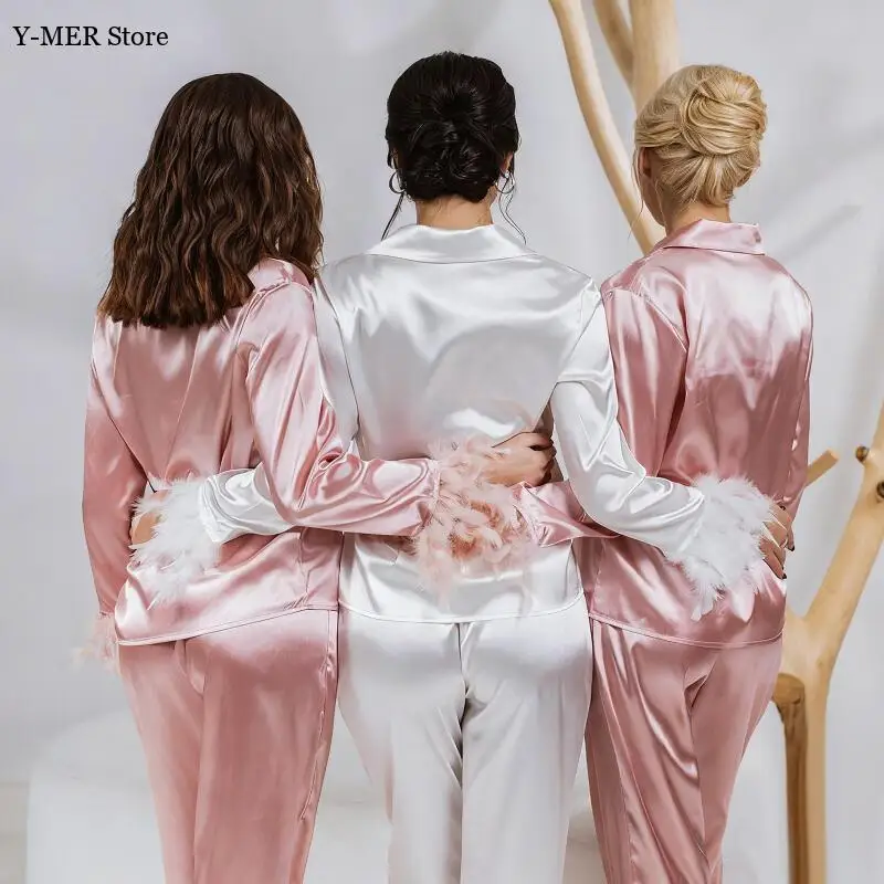 Bride Wedding Women Silk Satin Pajamas Set Feather Trim Cuff 2 Piece Loungewear Long Sleeve Button Down Shirt Pants Set