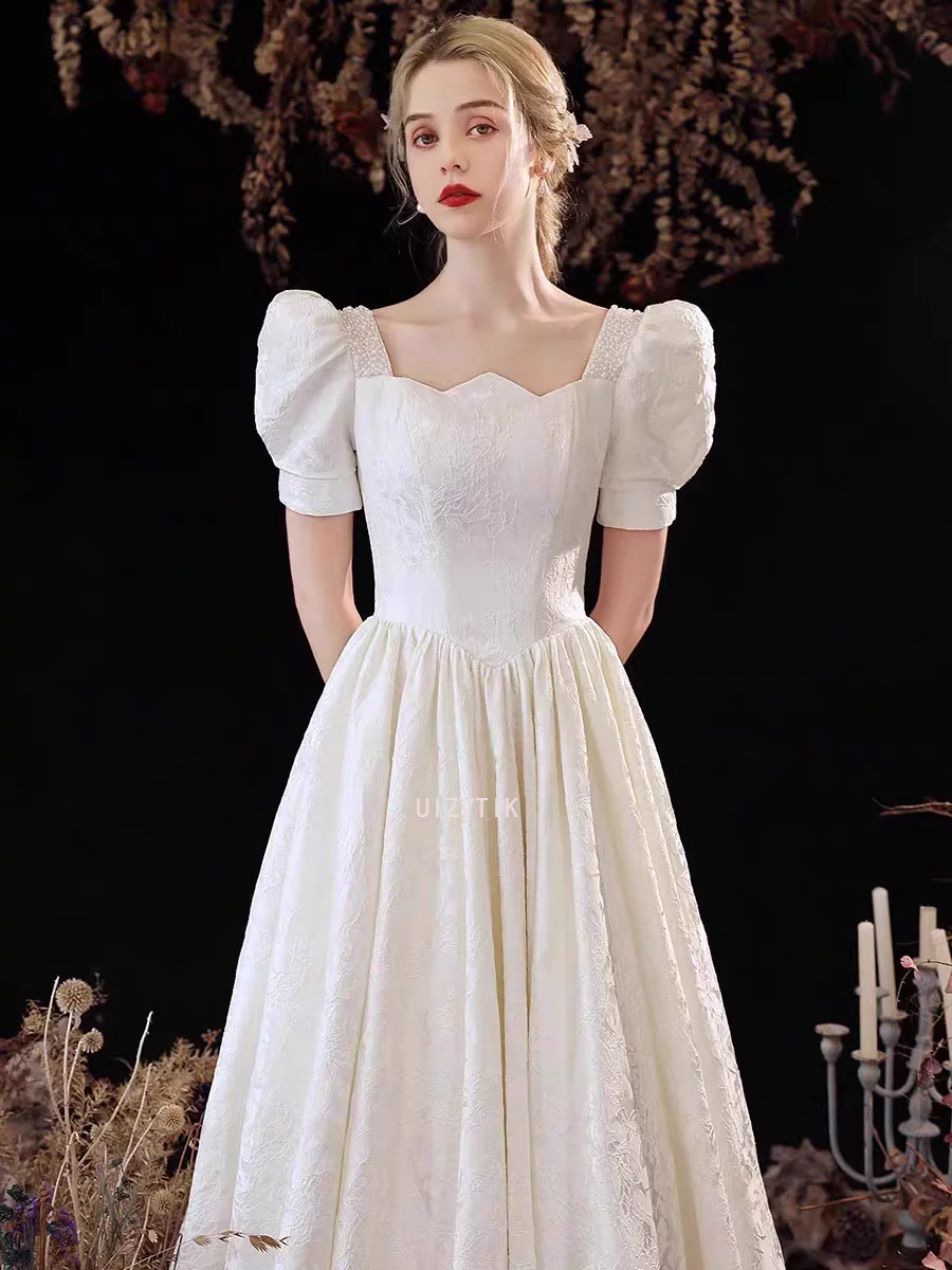 Simple White Wedding Long Dresses Women Vintage Puff Sleeve Beading A-Line Banquet Evening Party Dress Elegant Women Prom Gowns