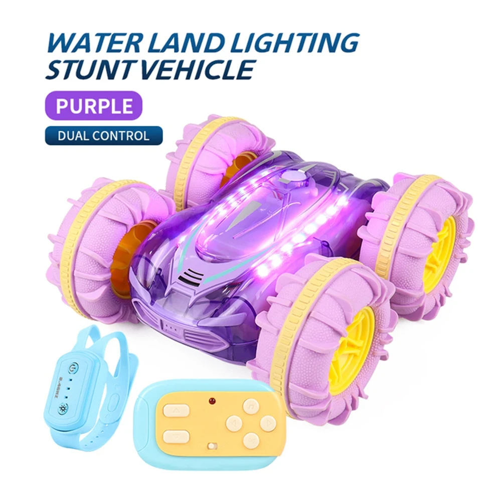 2.4G RC Stunt Car Transparent Light Amphibious Vehicle Double Sided Stunt RC Car Gesture Rolling Toys for Kids Purple