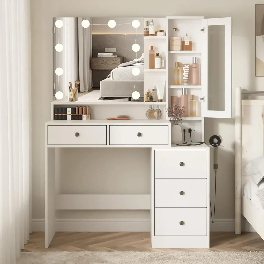 Vanity Desk with Mirror and Lights,Power Strip and 3 Color Lighting,5 Drawers,Nightstand and Storage Shelves