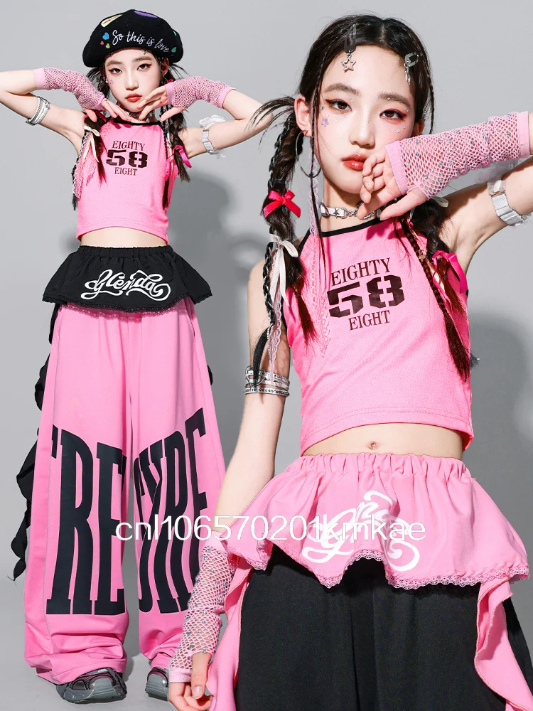 Girls K-pop Lovley Crop Top Cargo Pants Street Dance Layered Skirt Children Streetwear Kids Hip Hop Jazz Girl Group Clothes Sets