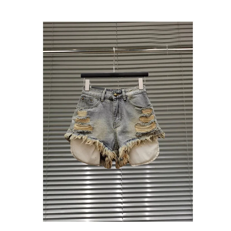 

Summer Women's High-waisted Frayed Hem Denim Shorts with Flowy Design