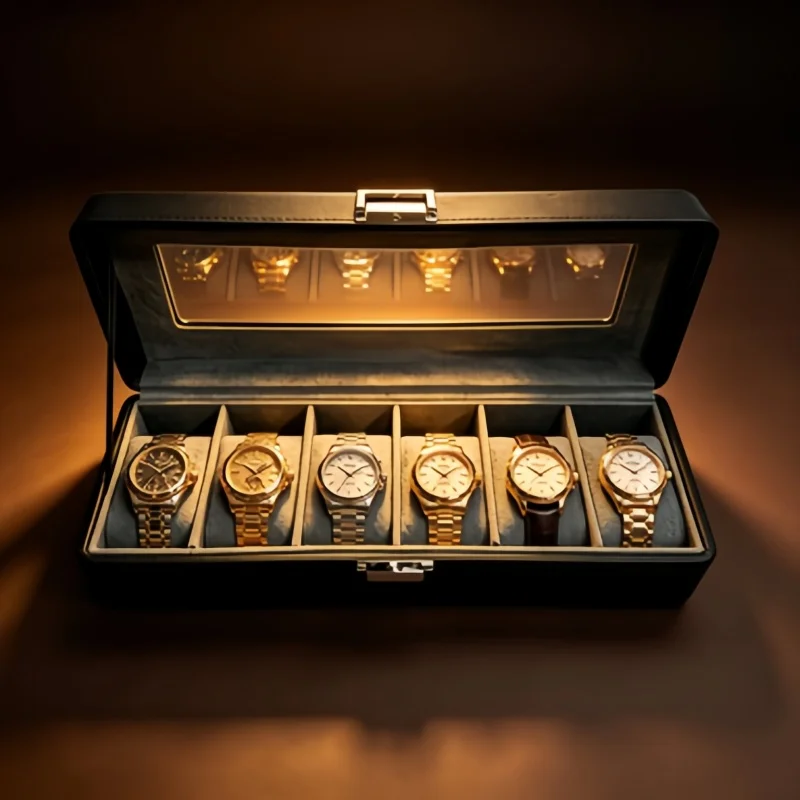 Watch Box 6 Slot Leather Lockable Clear Window, Men Watch Storage Organizer + 2 Self-Closing Bags