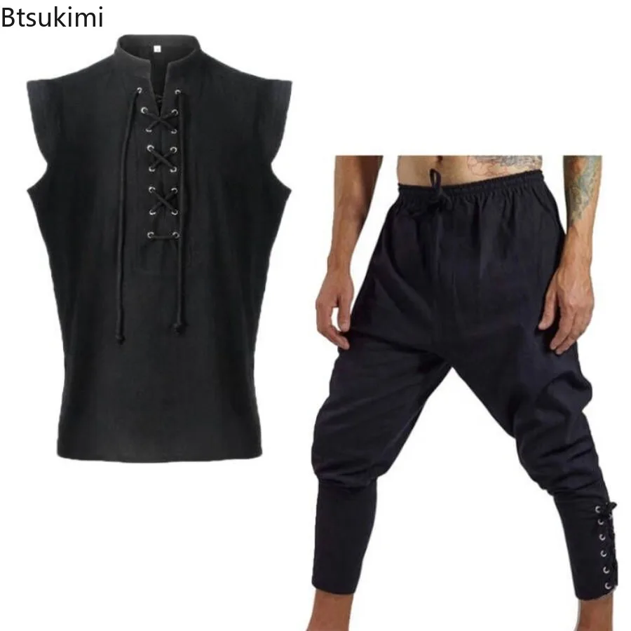 

2025 Medieval Men's Cotton Linen 2pc Sets Renaissance Victorian Men Lace-up Stand Collar Tops Pants Casual Suit Cosplay Costumes