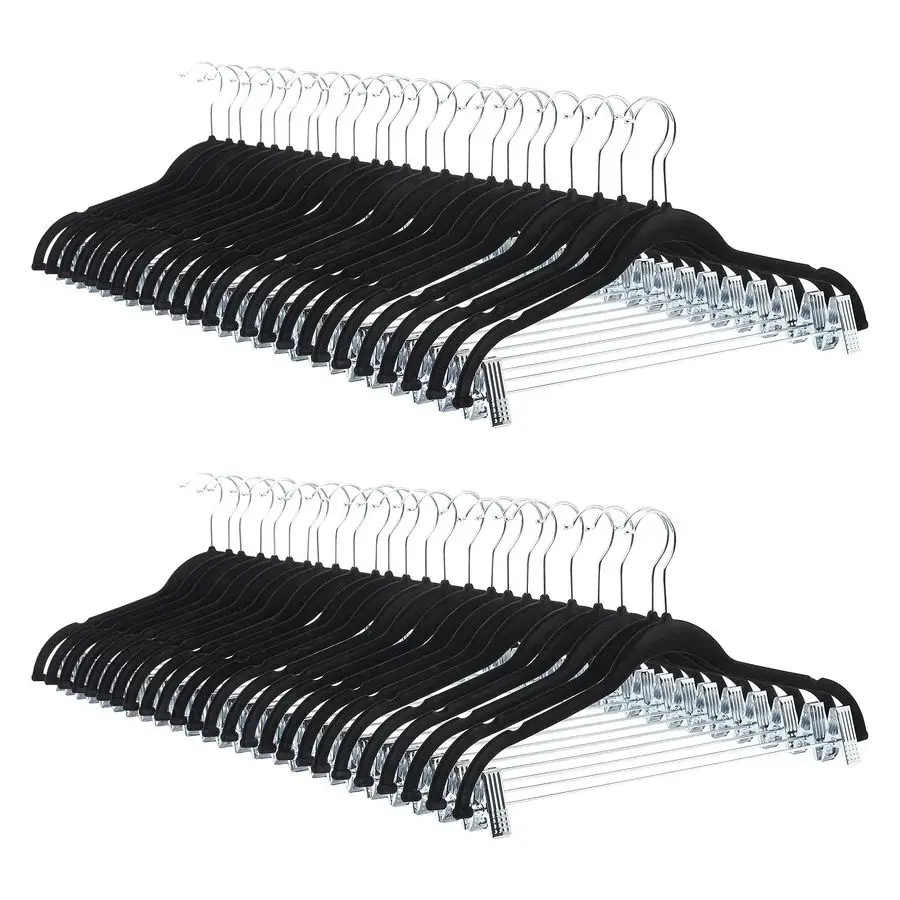 

Velvet, NonSlip Skirt Clothes Hangers with Clips, Organize Pants and Skirts, Black Silver, Pack of 50