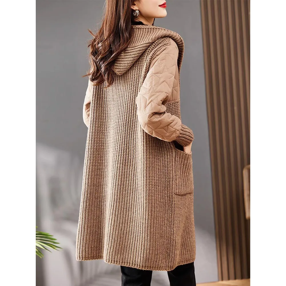 Women Long Hooded Knitted Jacket Autumn Winter Thicken Quilted Warm Sweater Cardigan Coat Ladies Korean Loose Wool Knitting Tops