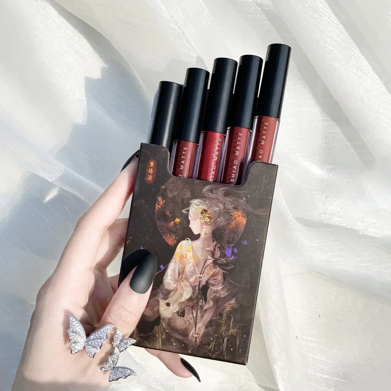 Matte Velvet Lipsticks Set, Lip Glaze Box, impermeável Lip Gloss, antiaderente Cup, Party Makeup, cosméticos, 5pcs