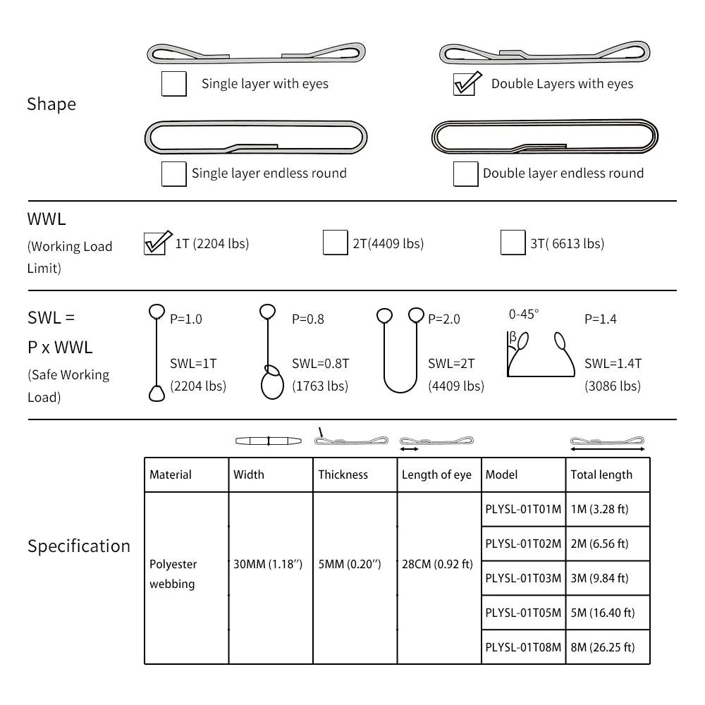 Polyester Webbing Lifting Sling for Heavy Duty 1T 2204lbs Length 1M to 8M 3.28Ft to 26.25Ft, PLYSL-01T