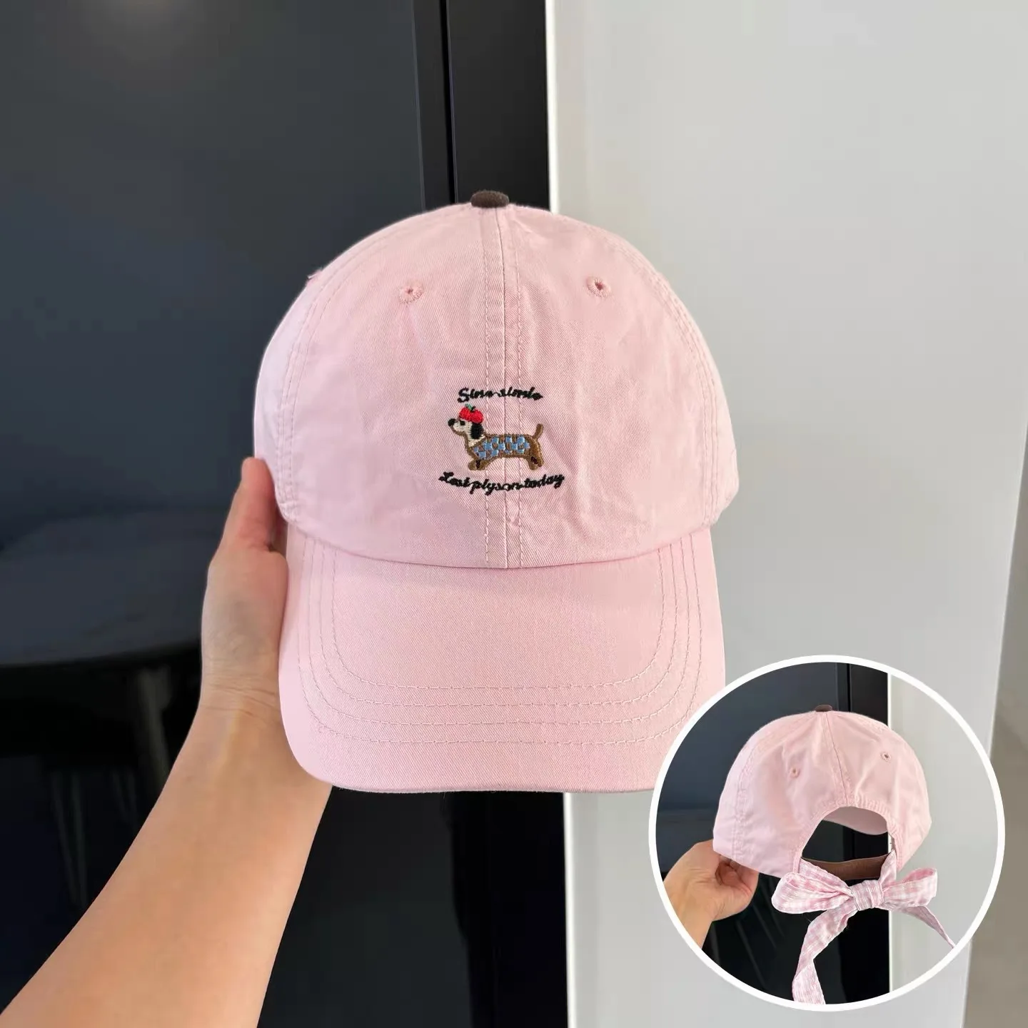 Korean Embroidered Dog Sun Hat Breathable Baseball Cap with Bow Sun Protection Duck down Spring Autumn New Style