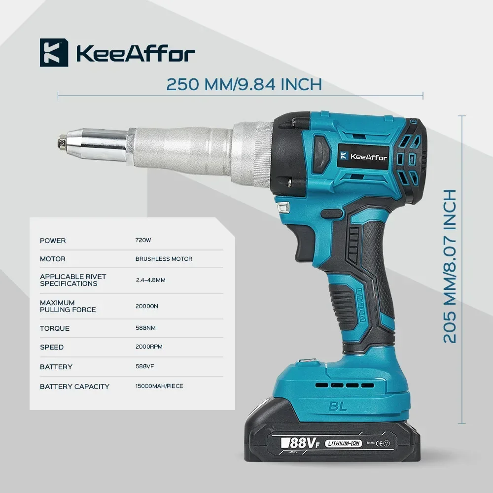 KEEAFFOR 20000N 720W Electric Rivet Gun Brushless Rivet Nut Gun Cordless Nail Gun Drill Insert Power Tool For Makita 18V Battery