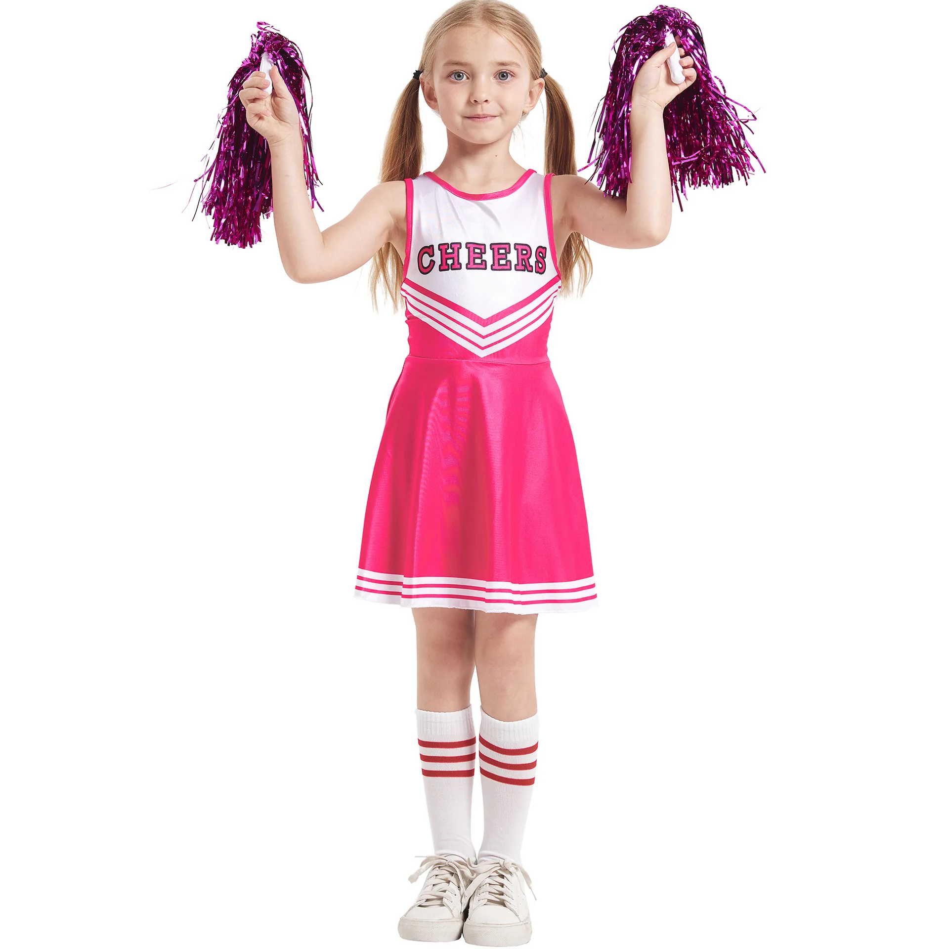 Escola Meninas Cheerleading Dança Traje Vestido Ginástica Cosplay Uniforme Carnaval Festa Halloween Traje para Crianças Pompom + Sock