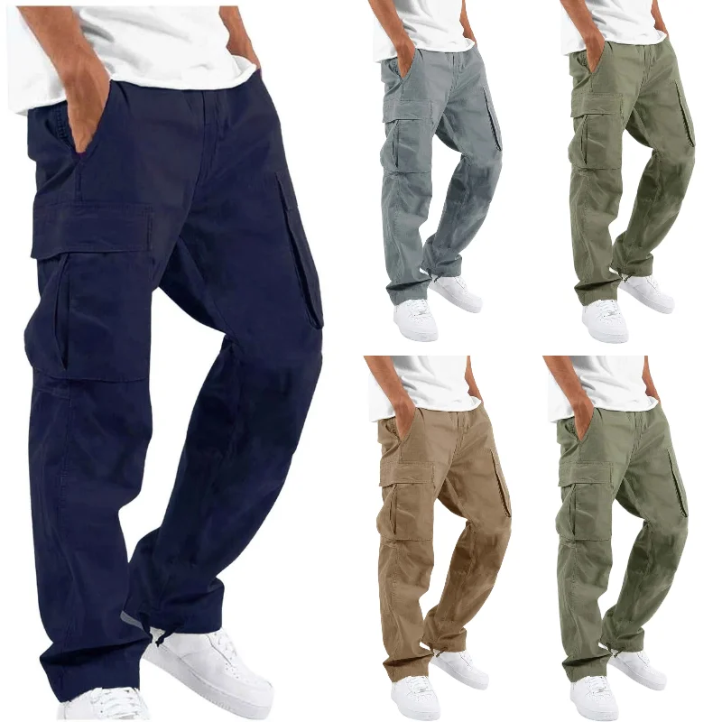 

2024 Men's Cotton Loose Sports Trousers for Men Length Solid Color Loose Multi-pocket Drawstring Pockets Pants Male Cargo Pants